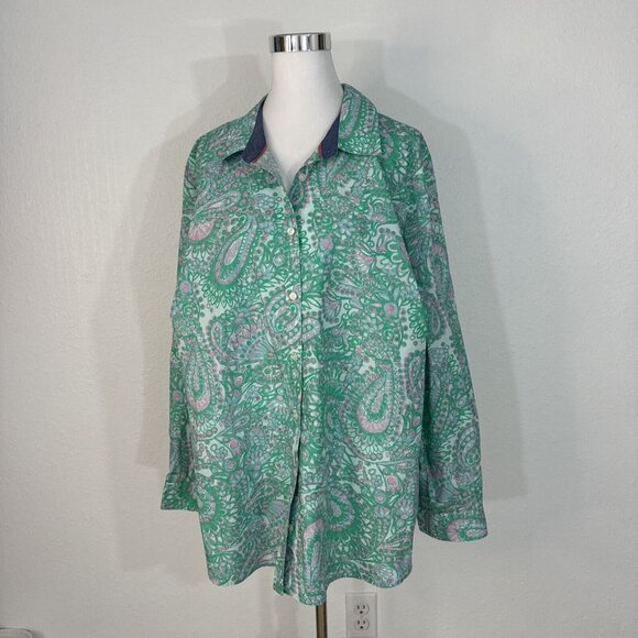 Charter Club Shirt Womens 24W Button Up Top Blouse Roll Sleeves Green Pink NWT - Picture 3 of 16